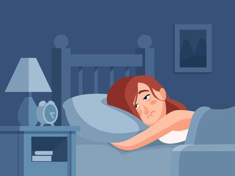 Woman with insomnia or nightmare lying in bed at night background. Sleepless person awake with tired sadness face cartoon illustration Stock Vector | Adobe Stock