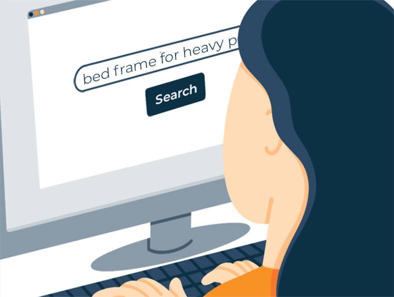 Illustration of a Woman Searching for a Bed Frame For Heavy People Online