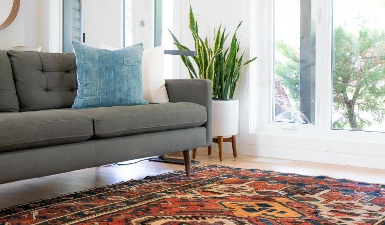 a bedroom with a nice colorful carpet